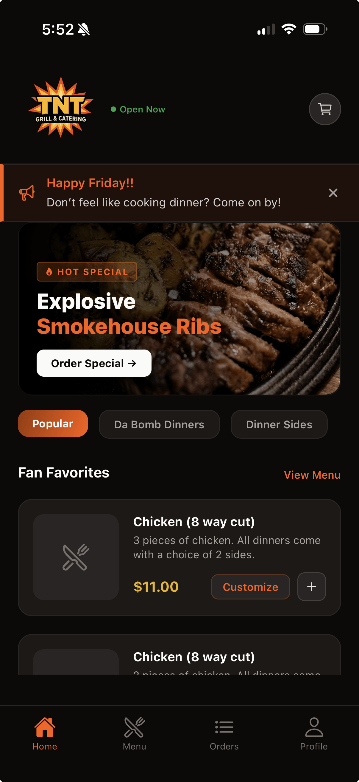 TNT Grill web shop on a phone — browse menu and order pickup